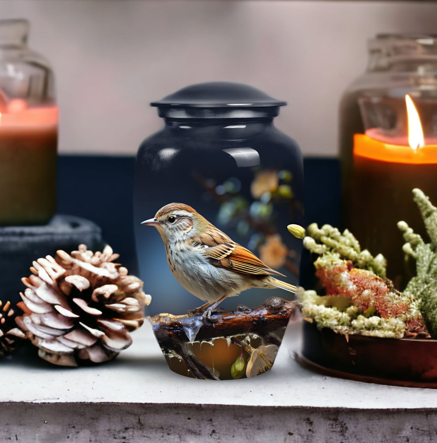 Sparrow design cremation urn, ideal for preserving adult female and male ashes.