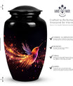 Phoenix urn showcasing a unique design, suitable for the safe deposit of adult human ashes. Crafted from superior quality metal.