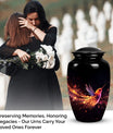 Phoenix urn showcasing a unique design, suitable for the safe deposit of adult human ashes. Crafted from superior quality metal.