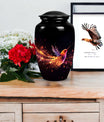Phoenix urn showcasing a unique design, suitable for the safe deposit of adult human ashes. Crafted from superior quality metal.