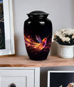 Phoenix urn showcasing a unique design, suitable for the safe deposit of adult human ashes. Crafted from superior quality metal.