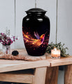 Phoenix urn showcasing a unique design, suitable for the safe deposit of adult human ashes. Crafted from superior quality metal.