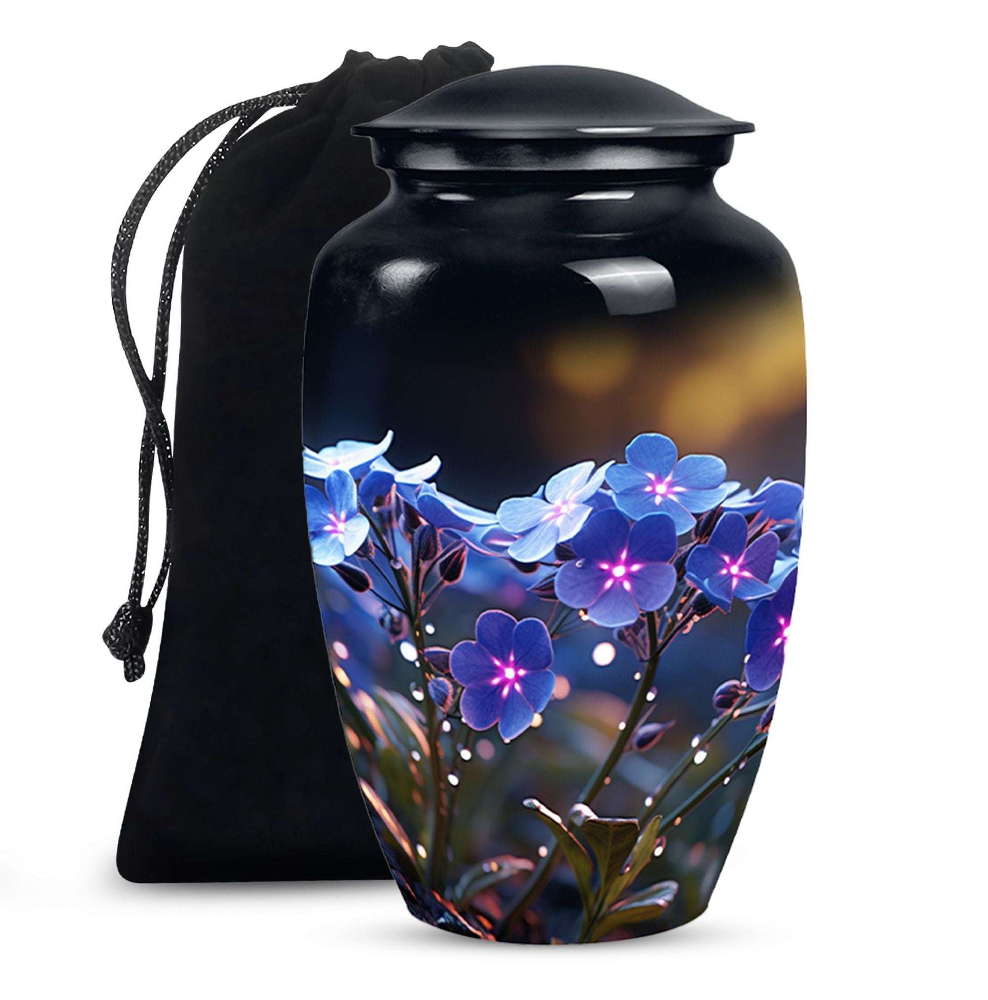 Blue Floral Memorial Urn for Adults - Black Floral Urns For Ashes Adult Male