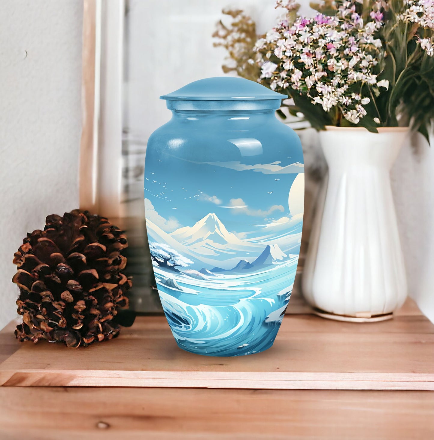 Elegantly designed Sky  Clouds Urn, a large cremation urn for storing ashes of an adult male or female.