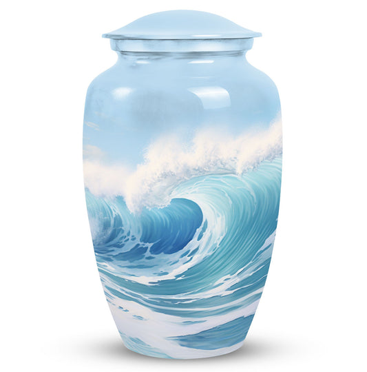 Blue Ocean Waves Urn, a large funeral urn for adult female ashes, perfect cremated remains box for mother