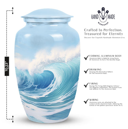 Blue Ocean Waves Urn, a large funeral urn for adult female ashes, perfect cremated remains box for mother