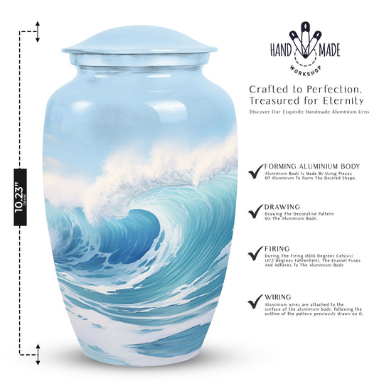 Blue Ocean Waves Urn, a large funeral urn for adult female ashes, perfect cremated remains box for mother