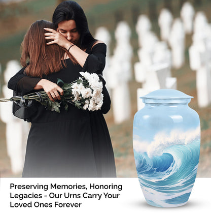 Blue Ocean Waves Urn, a large funeral urn for adult female ashes, perfect cremated remains box for mother
