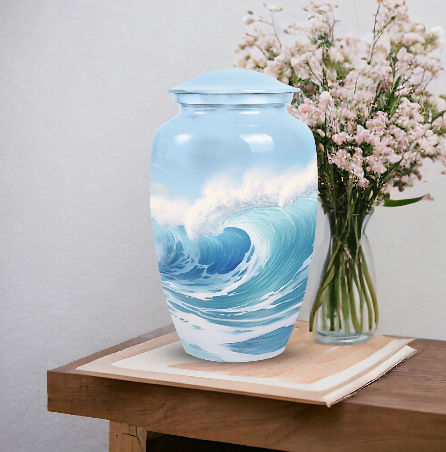Blue Ocean Waves Urn, a large funeral urn for adult female ashes, perfect cremated remains box for mother