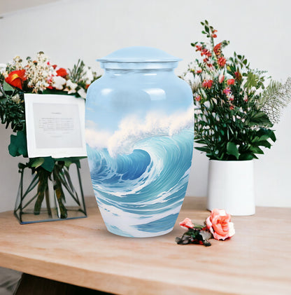 Blue Ocean Waves Urn, a large funeral urn for adult female ashes, perfect cremated remains box for mother