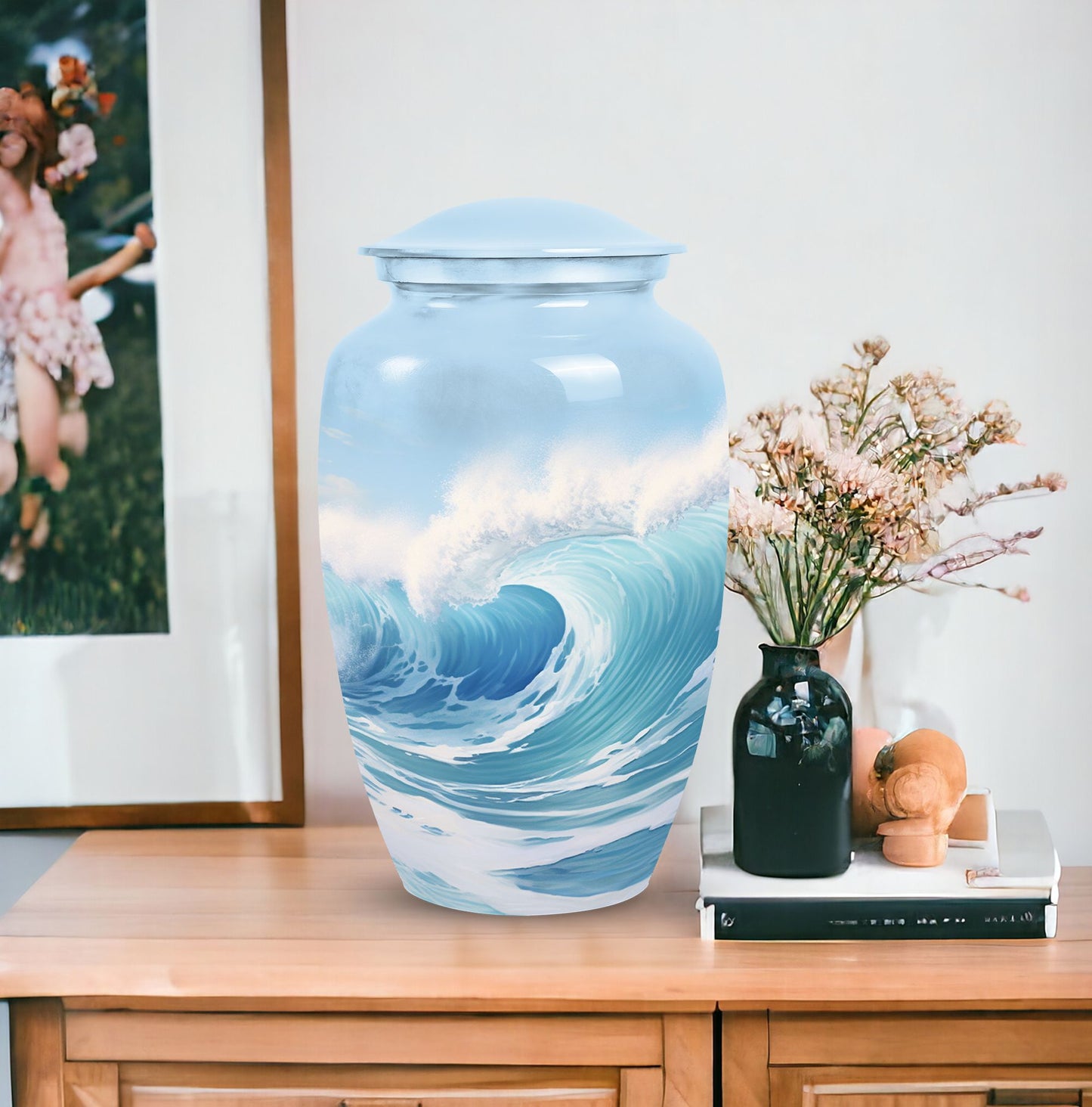 Blue Ocean Waves Urn, a large funeral urn for adult female ashes, perfect cremated remains box for mother