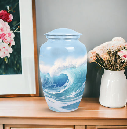 Blue Ocean Waves Urn, a large funeral urn for adult female ashes, perfect cremated remains box for mother