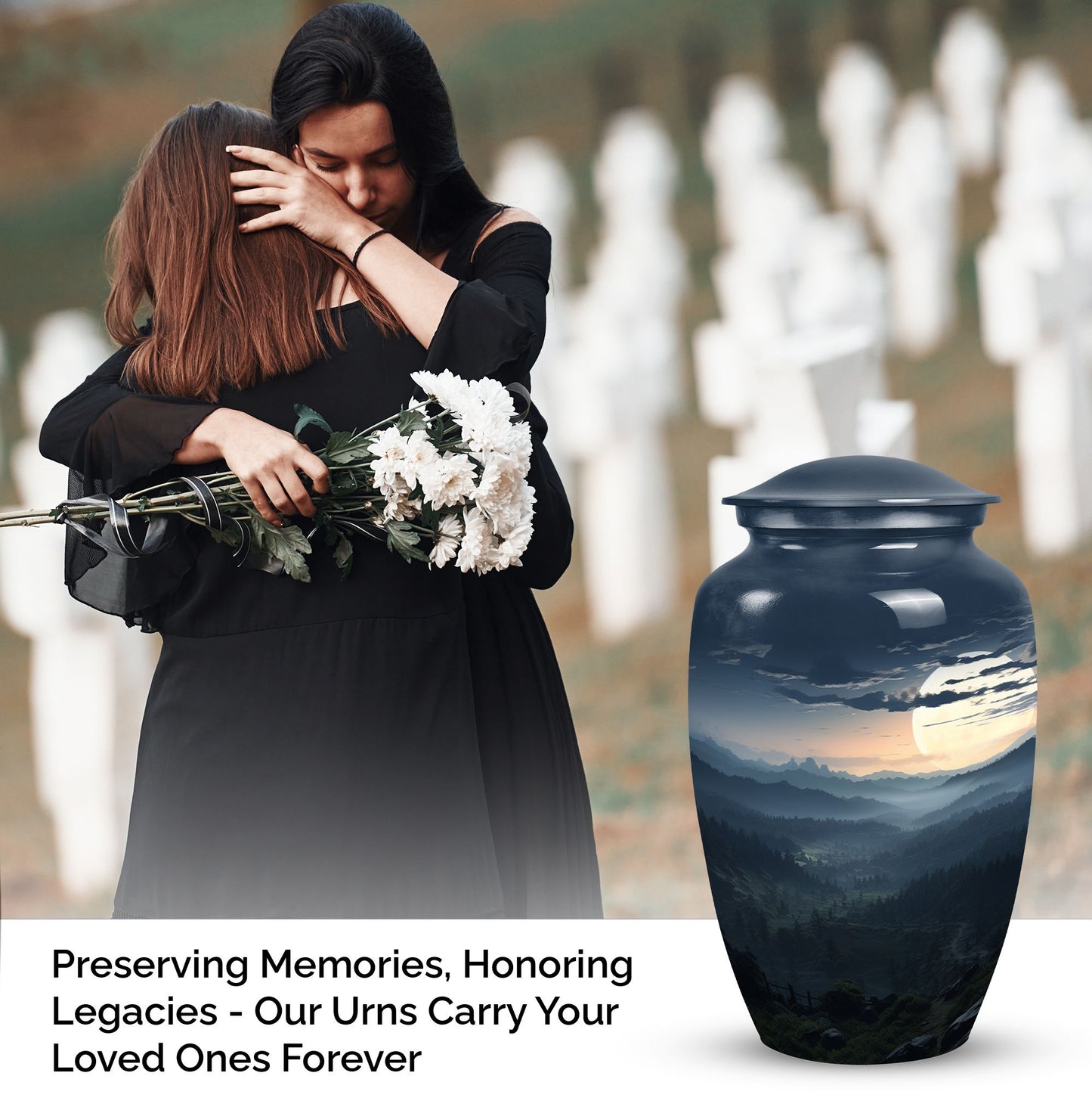 Large, decorative black Mountains Urn for men's cremation, suitable for adult female burial as well