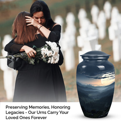 Large, decorative black Mountains Urn for men's cremation, suitable for adult female burial as well