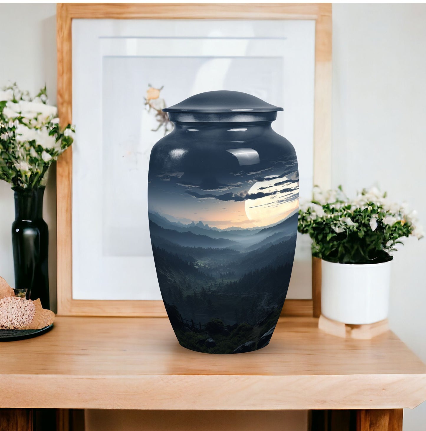 Large, decorative black Mountains Urn for men's cremation, suitable for adult female burial as well
