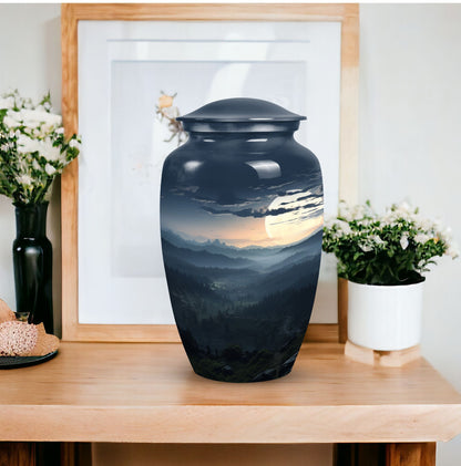 Large, decorative black Mountains Urn for men's cremation, suitable for adult female burial as well