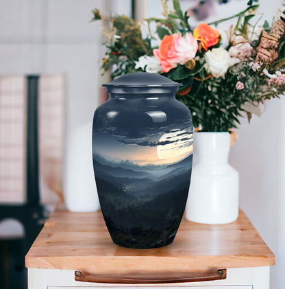 Large, decorative black Mountains Urn for men's cremation, suitable for adult female burial as well