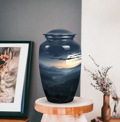 Large, decorative black Mountains Urn for men's cremation, suitable for adult female burial as well