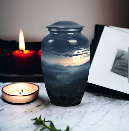 Large, decorative black Mountains Urn for men's cremation, suitable for adult female burial as well