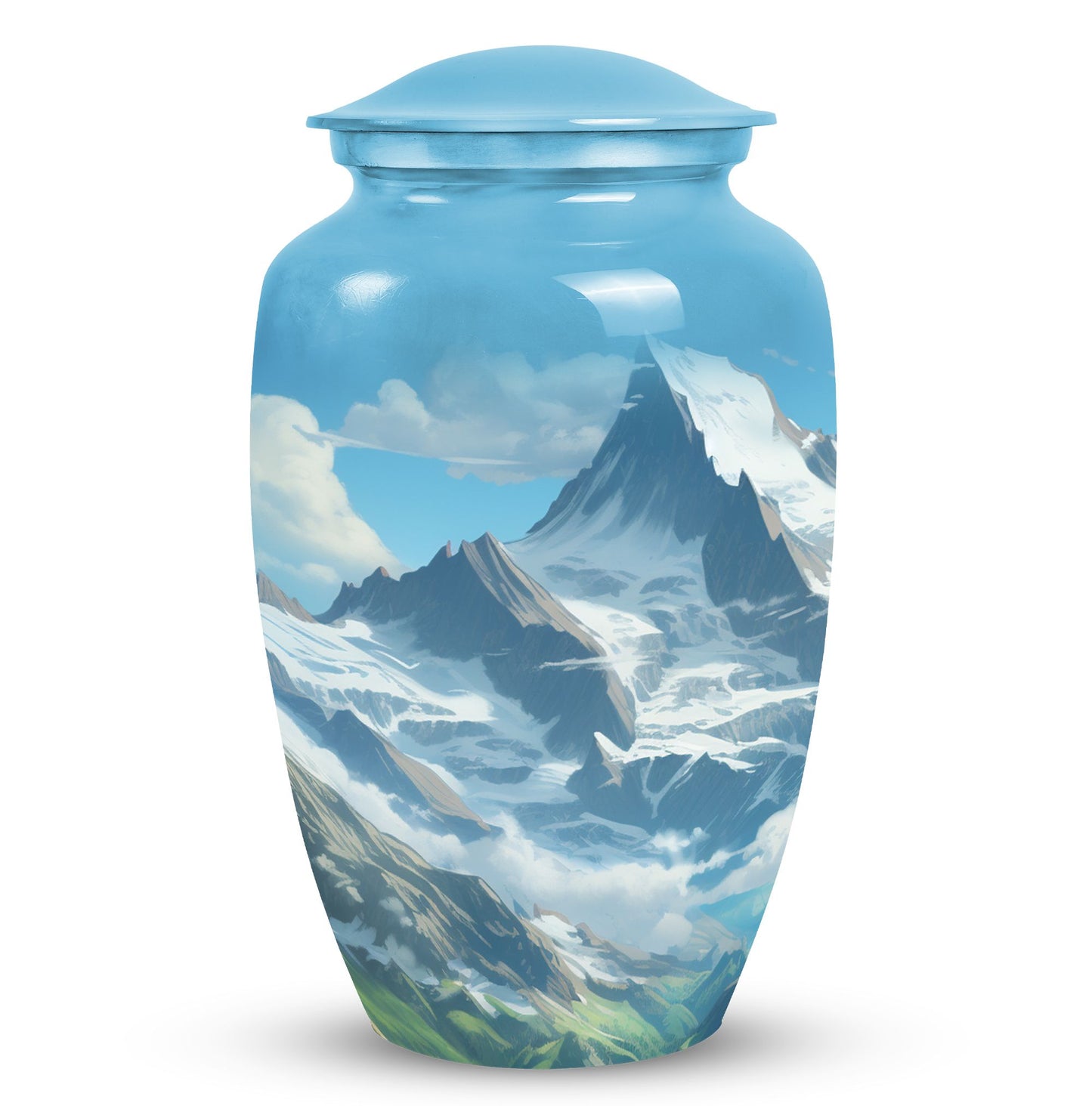 A beautiful, large Valley Urn in blue used as a cremation urn for burial of adult human ashes
