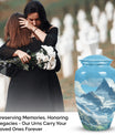 A beautiful, large Valley Urn in blue used as a cremation urn for burial of adult human ashes