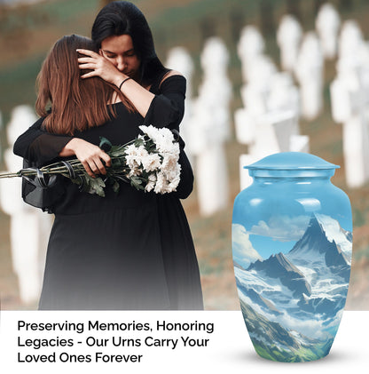 A beautiful, large Valley Urn in blue used as a cremation urn for burial of adult human ashes