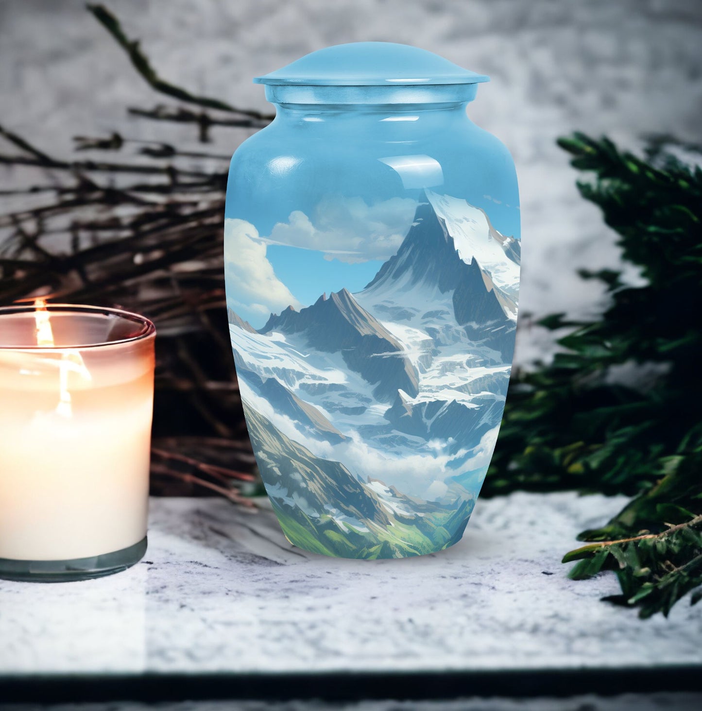 A beautiful, large Valley Urn in blue used as a cremation urn for burial of adult human ashes