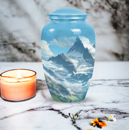 A beautiful, large Valley Urn in blue used as a cremation urn for burial of adult human ashes