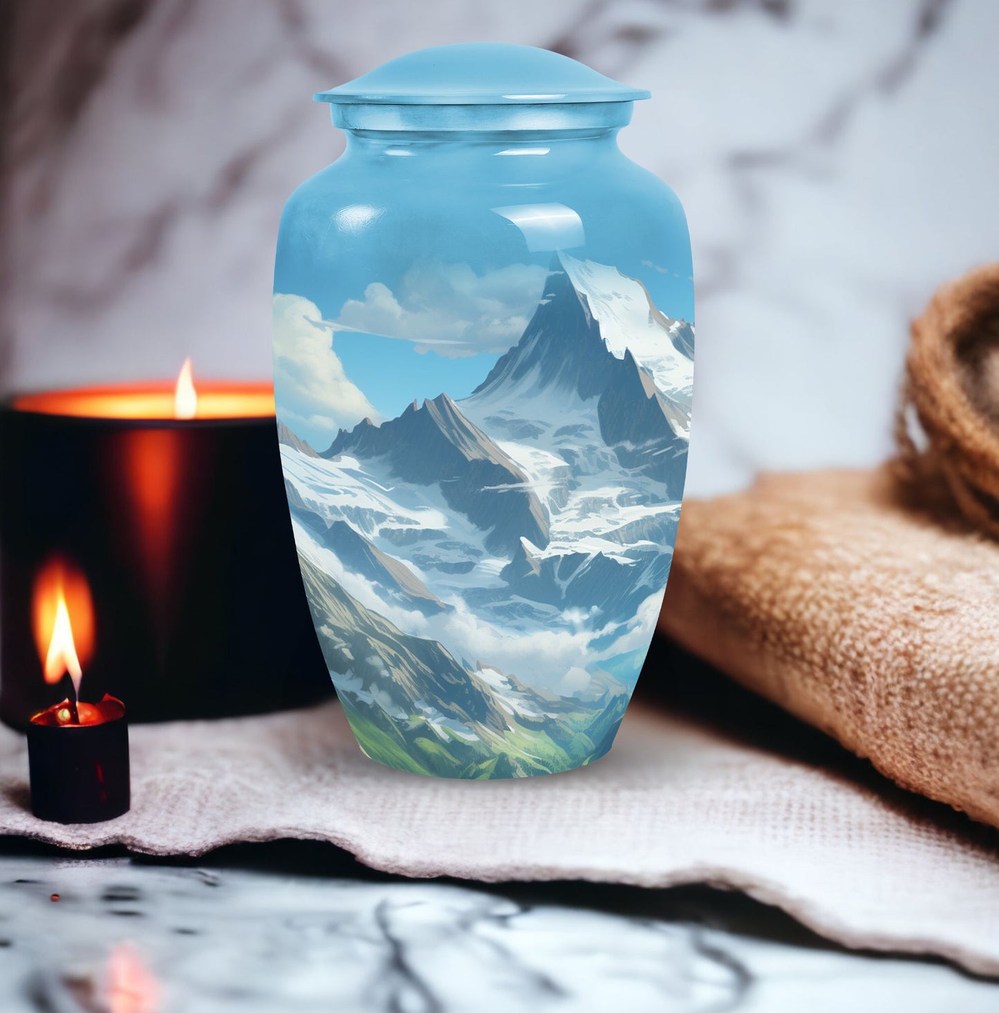 A beautiful, large Valley Urn in blue used as a cremation urn for burial of adult human ashes