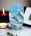 A beautiful, large Valley Urn in blue used as a cremation urn for burial of adult human ashes