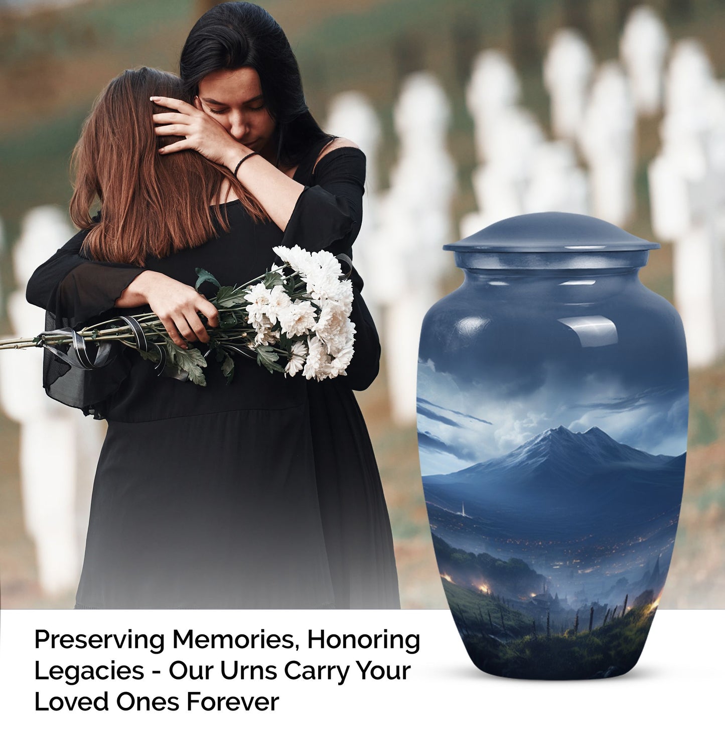 Large, gray Landscape Urn ideal as Cremation Container for Human Ashes, suitable for burial of adult female ashes