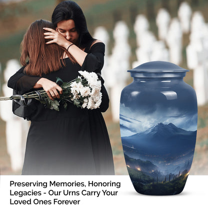 Large, gray Landscape Urn ideal as Cremation Container for Human Ashes, suitable for burial of adult female ashes