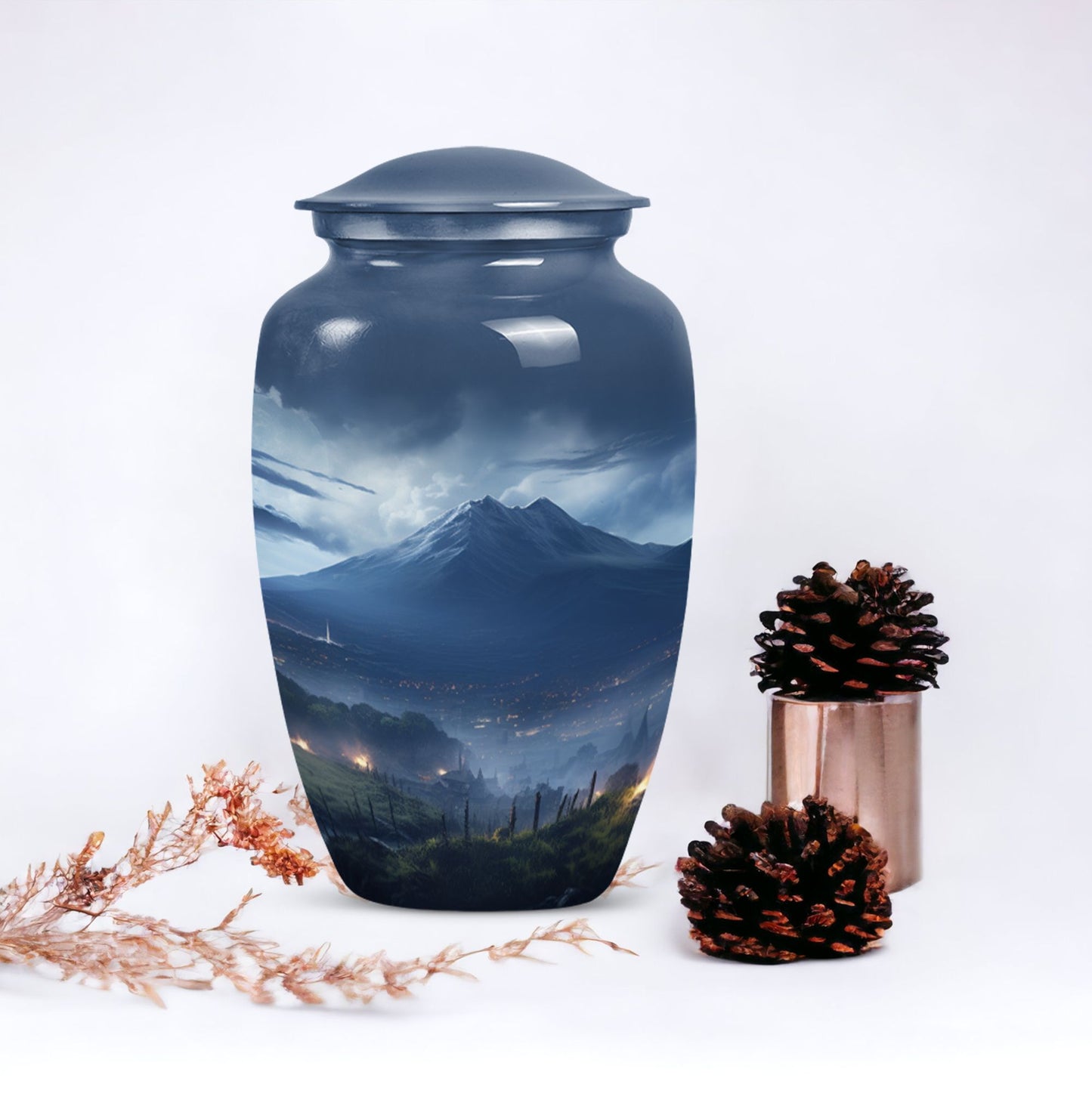Large, gray Landscape Urn ideal as Cremation Container for Human Ashes, suitable for burial of adult female ashes