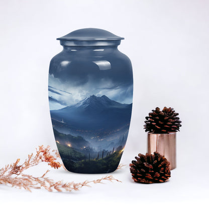Large, gray Landscape Urn ideal as Cremation Container for Human Ashes, suitable for burial of adult female ashes