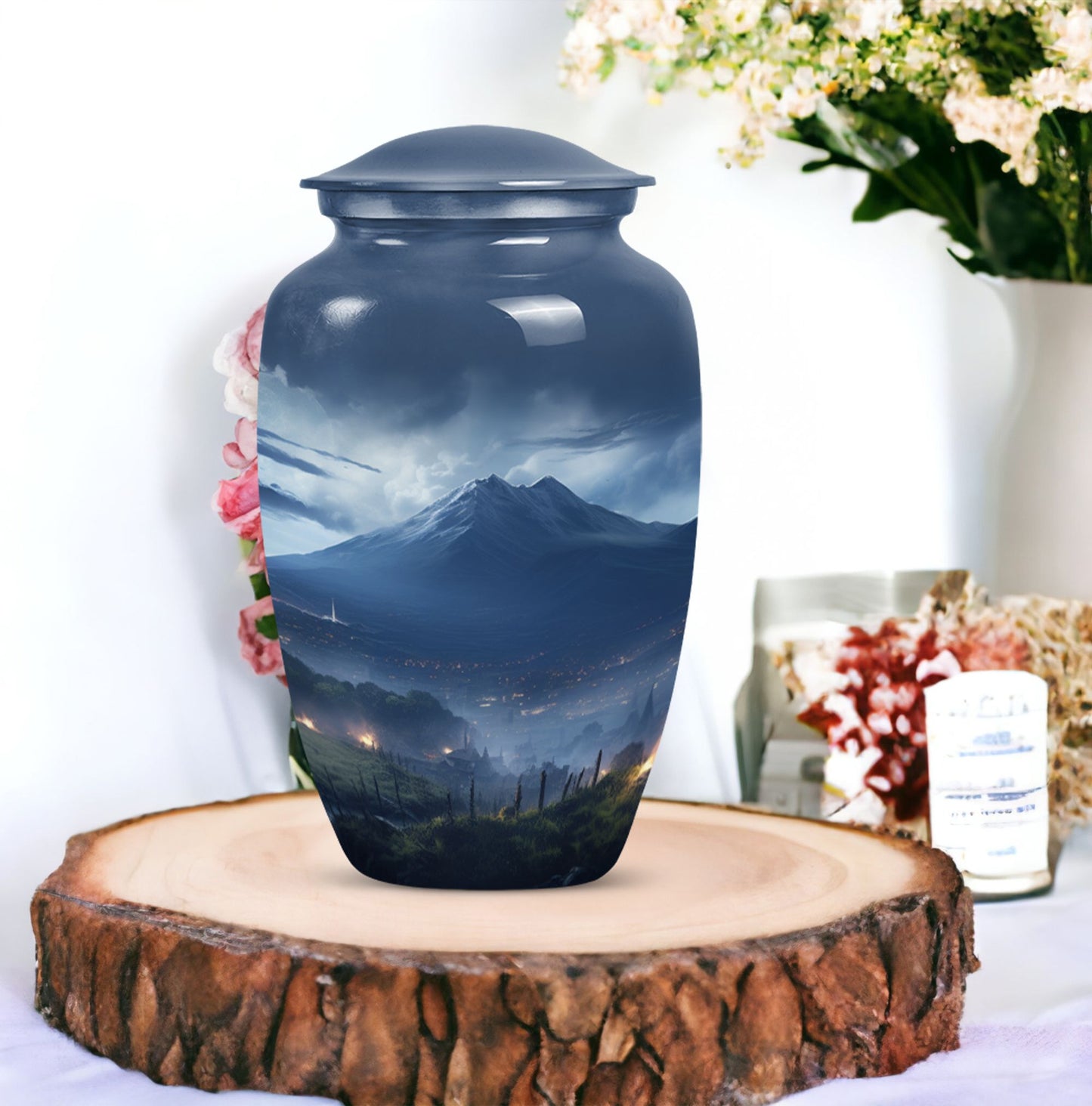 Large, gray Landscape Urn ideal as Cremation Container for Human Ashes, suitable for burial of adult female ashes