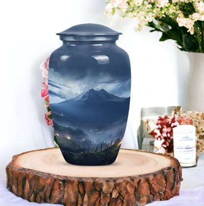 Large, gray Landscape Urn ideal as Cremation Container for Human Ashes, suitable for burial of adult female ashes