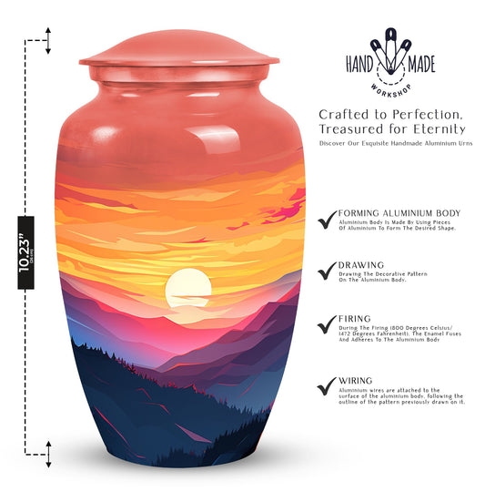 Mountains designed cremation urn for storing precious human ashes, suitable for both adult males and females. Large, memorial funeral urn.