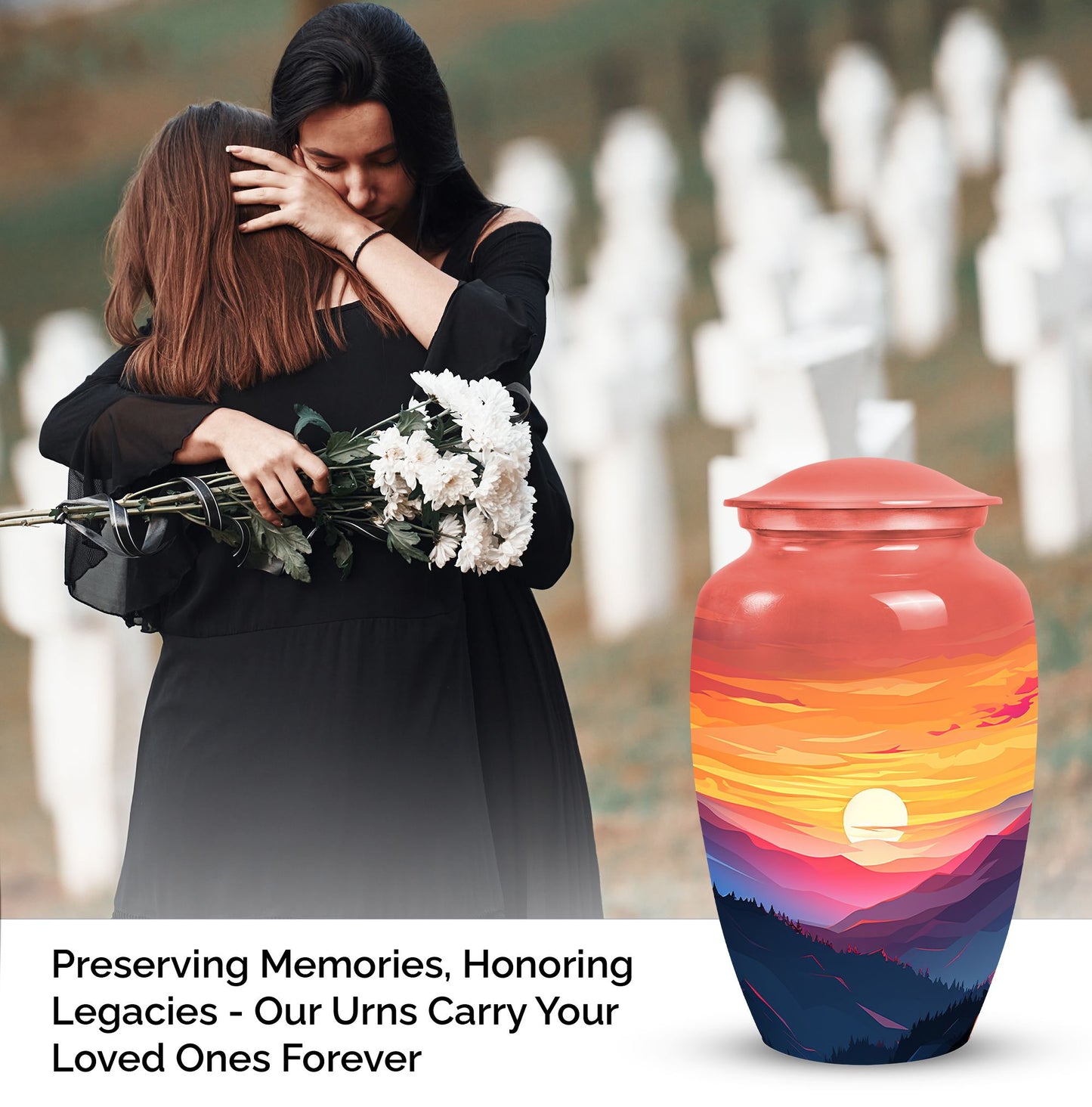 Mountains designed cremation urn for storing precious human ashes, suitable for both adult males and females. Large, memorial funeral urn.