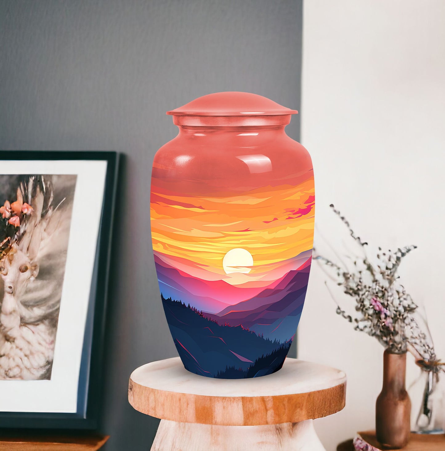 Mountains designed cremation urn for storing precious human ashes, suitable for both adult males and females. Large, memorial funeral urn.