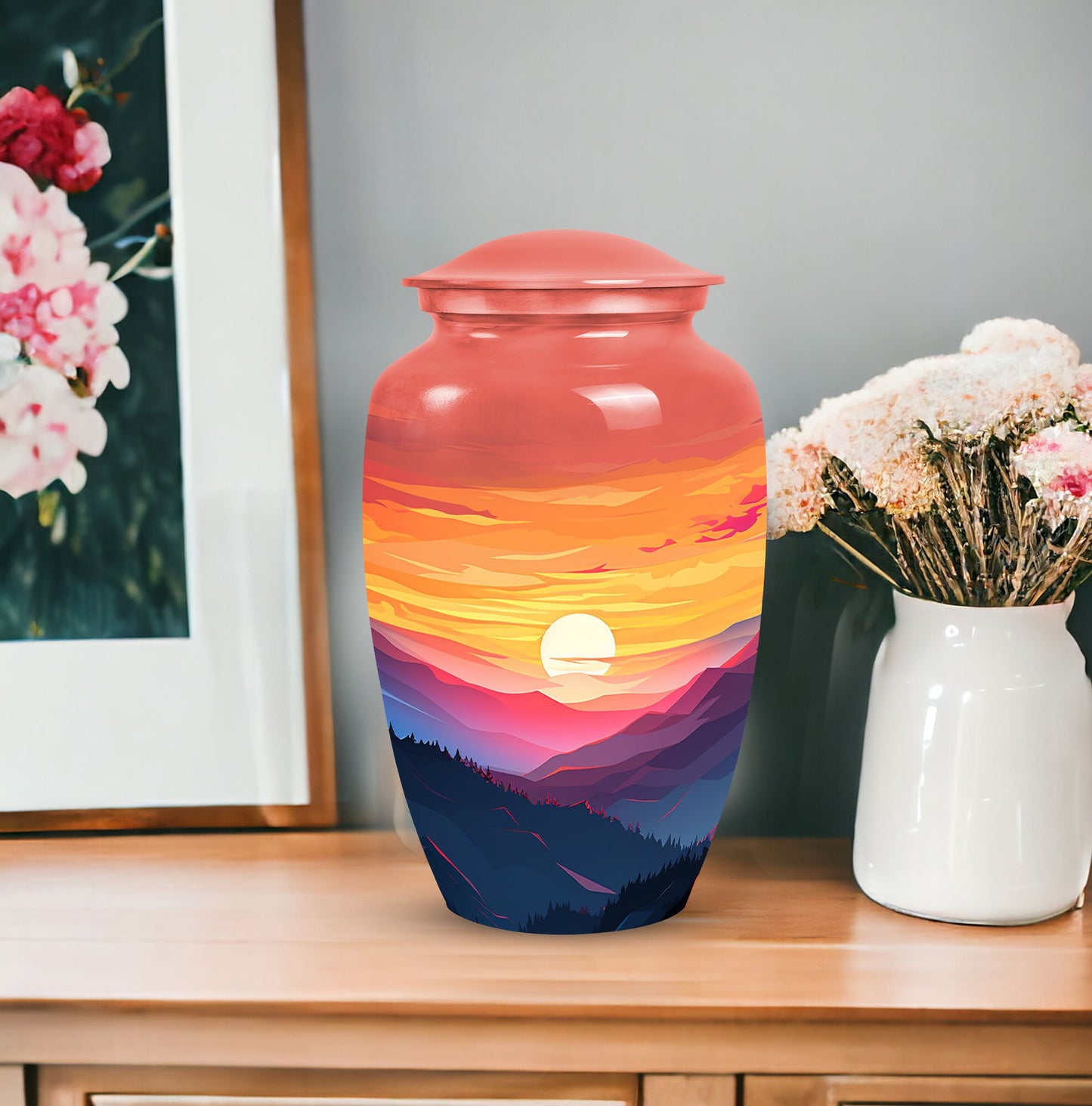 Mountains designed cremation urn for storing precious human ashes, suitable for both adult males and females. Large, memorial funeral urn.