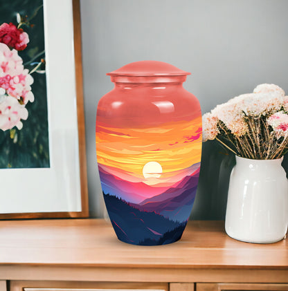 Mountains designed cremation urn for storing precious human ashes, suitable for both adult males and females. Large, memorial funeral urn.