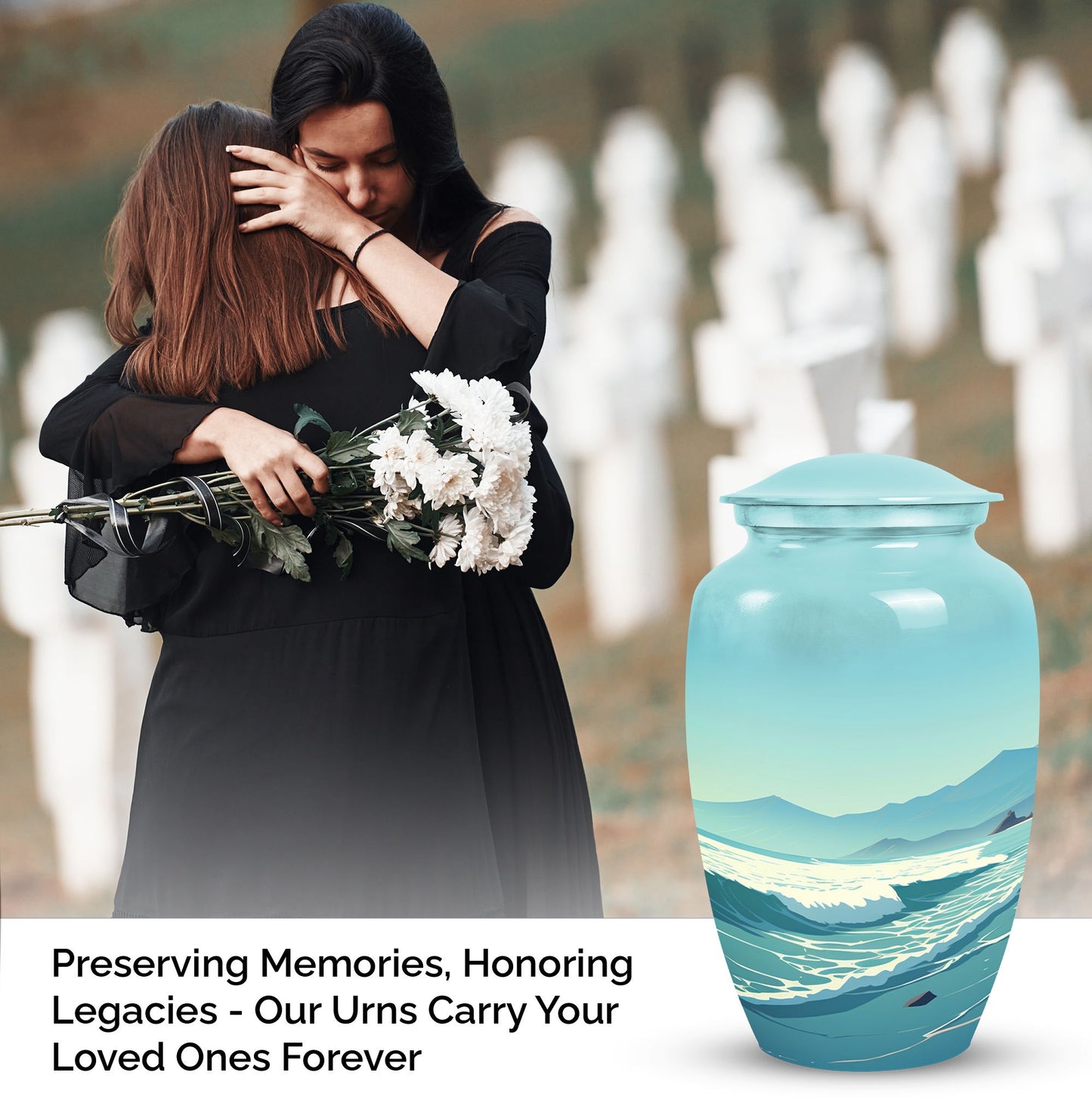Large mountain-themed burial urn for adult human ashes, suitable for both men and women