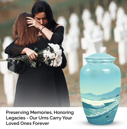 Large mountain-themed burial urn for adult human ashes, suitable for both men and women