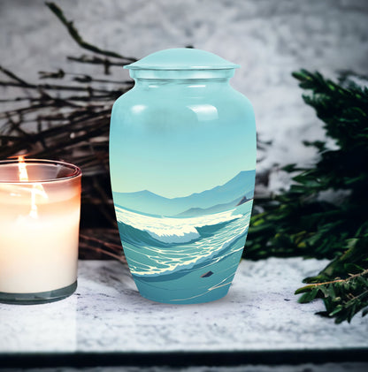 Large mountain-themed burial urn for adult human ashes, suitable for both men and women