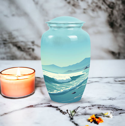 Large mountain-themed burial urn for adult human ashes, suitable for both men and women