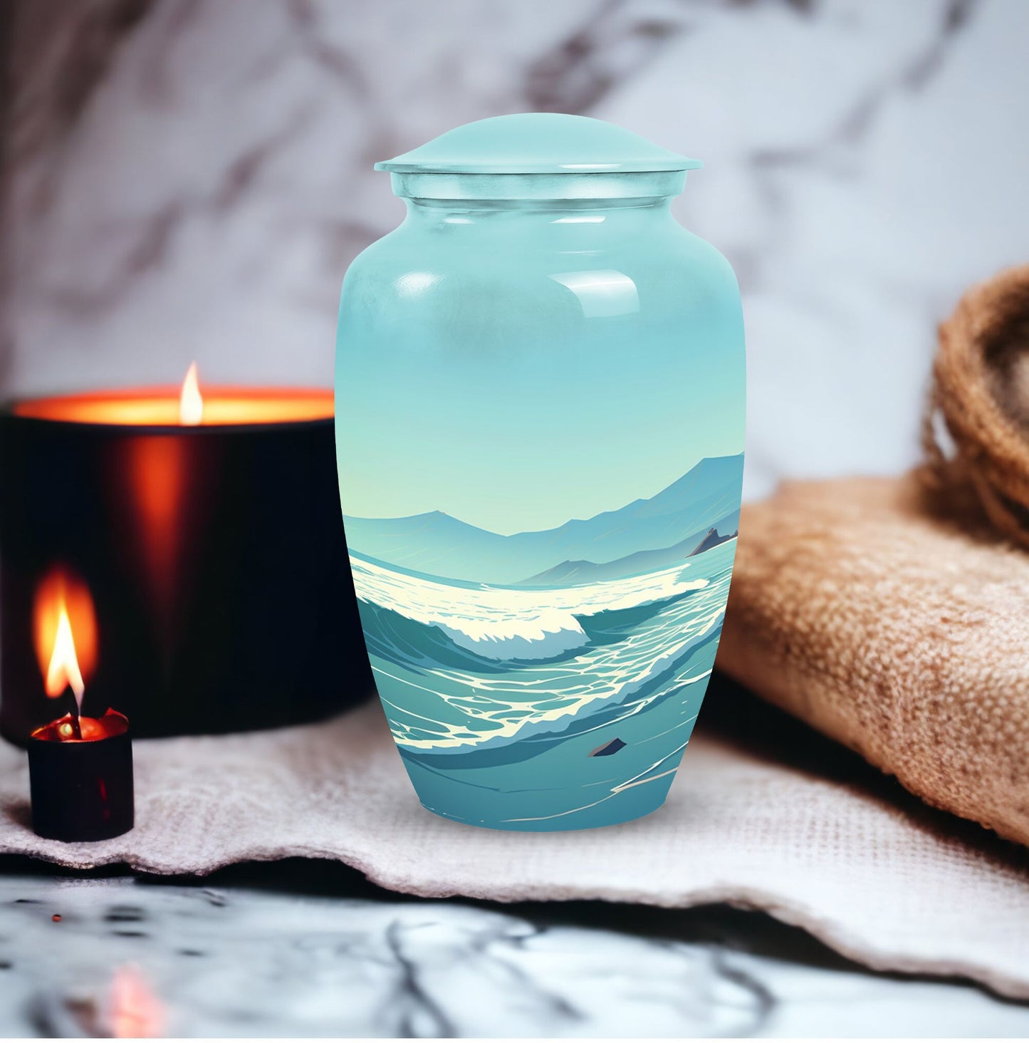 Large mountain-themed burial urn for adult human ashes, suitable for both men and women