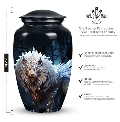 Lion themed black urn, perfect for human ashes, blend of perfect urn decoration, ideal for adult male and medium size
