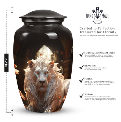 Closeup view of a white lion engraved black urn designed for adult male dad ashes, suitable for cremation purposes