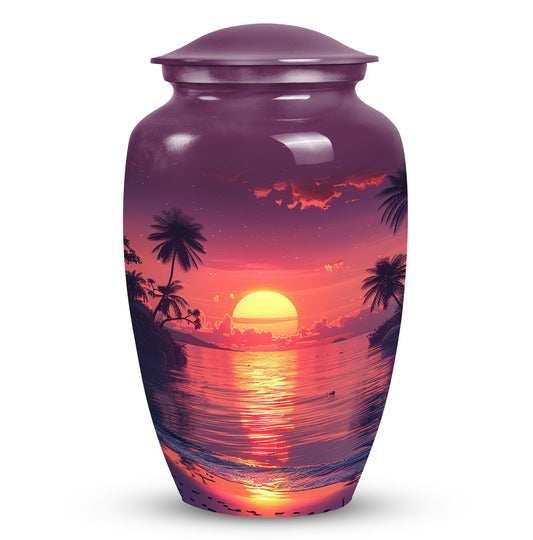 Purple urn dedicated for female adult ashes, suitable for burial in ground, depicted with sun symbol, ideal for mom's remembrance