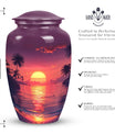 Purple urn dedicated for female adult ashes, suitable for burial in ground, depicted with sun symbol, ideal for mom's remembrance